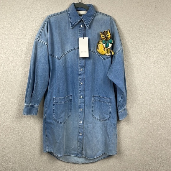 NWT Gucci Bleached Denim Snap Front Dress with 3D Cat Brooch Long Sleeve Sz 36 - Picture 3 of 17